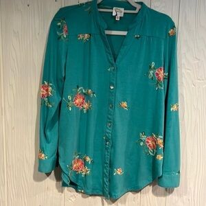 Fig and Flower Green and Pink Long Sleeve Button Down Blouse